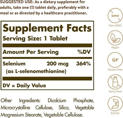 Solgar, Kosher Yeast-Free SELENIUM 200mcg, For Antioxidant Health - 100 Tablets