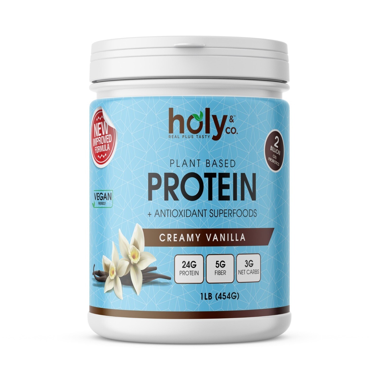 Holy &amp; Co. Kosher Plant Based Protein Powder, Shake + Antioxidant Superfood, Creamy Vanilla Flavor - 1 LB (454g)