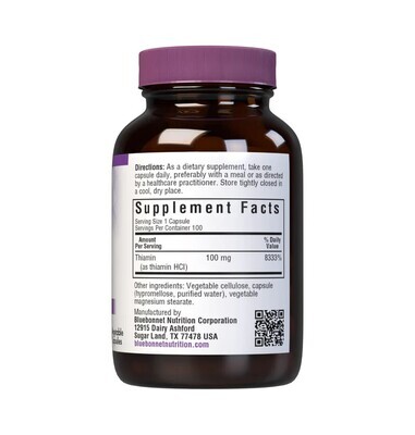 Bluebonnet, Kosher B1 THIAMIN 100mg, Energy &amp; Mood Support - 100 Vegetarian Capsules