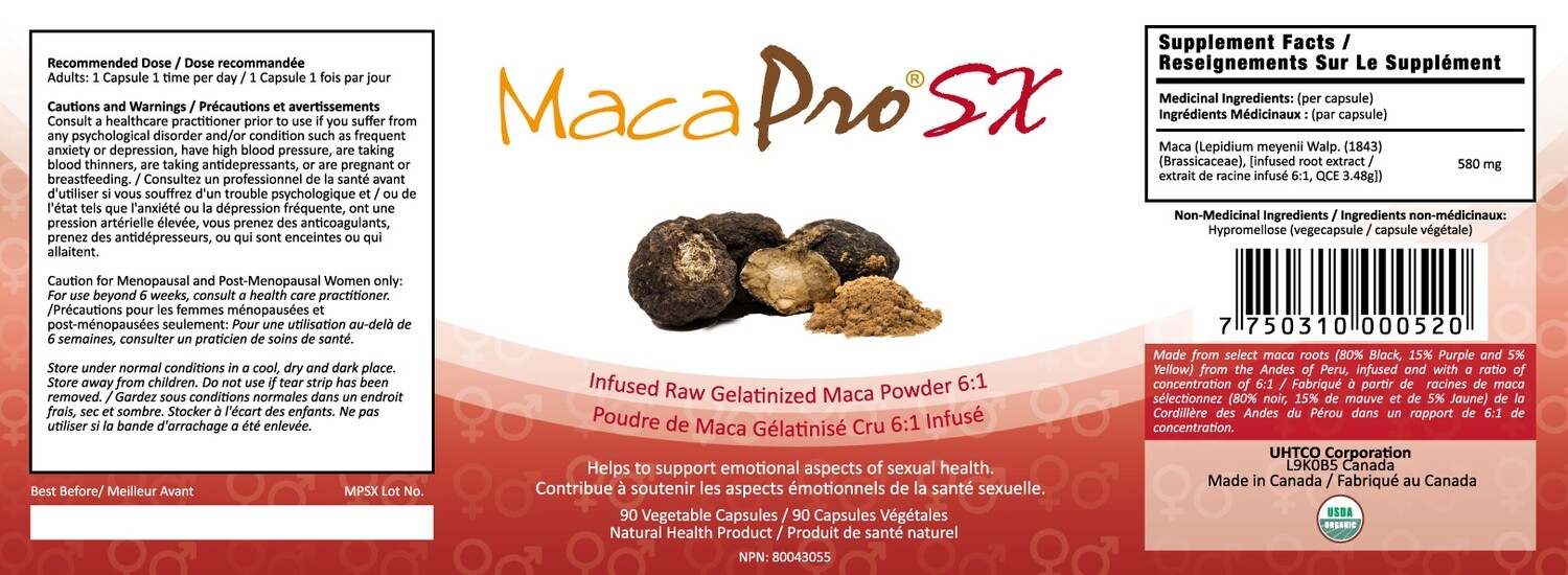 UHTCO, MacaPro SX - Infused Raw Gelatinized Maca Root Powder 6:1 - 90 Vegetarian Capsules