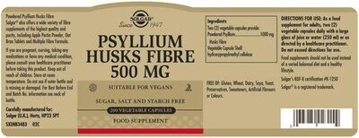 Solgar, Kosher PSYLLIUM HUSKS FIBRE 500mg, Natural Source of Fiber - 200 Vegetarian Capsules