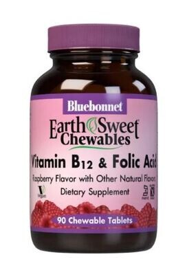 Bluebonnet, Kosher EarthSweet, B12 + Folic Acid, Raspberry Flavor - 180 Chewable Tablets