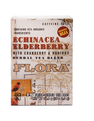 Flora, Kosher Organic Echinacea Elderberry, Herbal Tea Blend - 16 Fresh Sealed Tea Bags