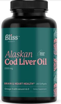Bliss Serenity, Kosher Alaskan Cod Liver Oil, 2000mg, Natural Lemon Flavor - 180 Softgels