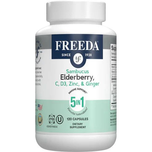 Freeda, Kosher Sambucus Elderberry with Vitamin C, D3, Zinc &amp; Ginger, Immue Support - 120 Vegetarian Capsules