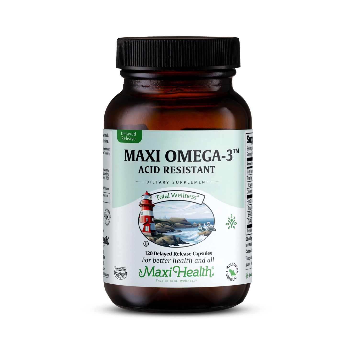 Maxi Health, Kosher Maxi Omega-3 Acid Resistant, Fish Oil Lemon Scent - 120 Delayed Release Vegetarian Capsules