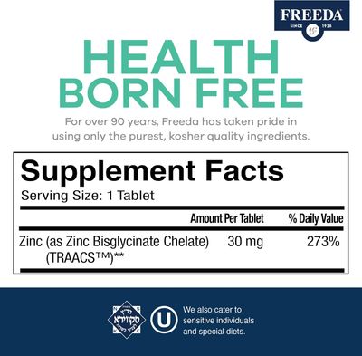 Freeda, Kosher CHELATED ZINC 30mg, Immune Support - 250 Tablets