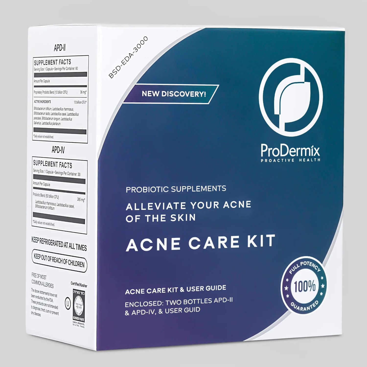 ProDermix, Kosher  Acne Care Kit Boxed APD 1 (5 Bill.) &amp; APD 4 (50 Bill. 30 Caps.) Probiotic, with User Guide