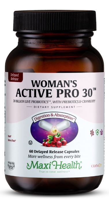 Maxi Health, Kosher Woman&#39;s Active Pro-30 (30 Billion Live Probiotics With Prebiotics &amp; Cranberry) - 60 Delayed Release Capsules