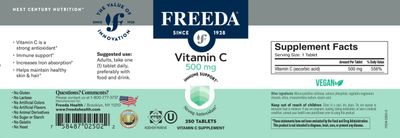 Freeda, Kosher VITAMIN C 500mg, Immune Support - 250 Tablets