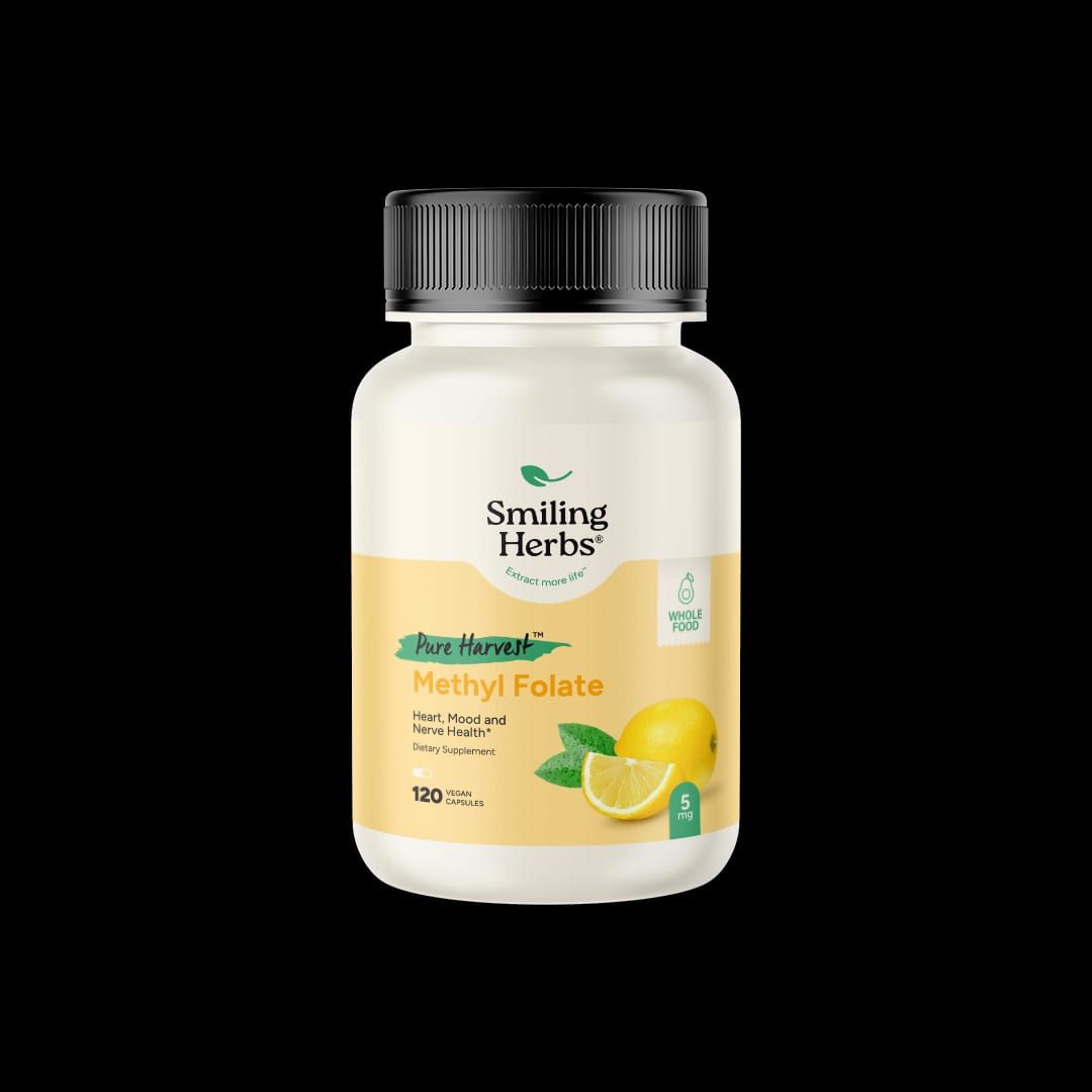 Smiling Herbs, Pure Harvest, Methyl Folate 5mg, Heart, Mood &amp; Nerve Health - 120 Vegetarian Capsules