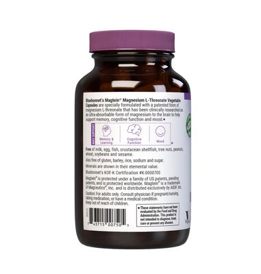 Bluebonnet, Kosher MAGNESIUM L-THREONATE 144 mg, For Memory &amp; Cognitive Support - 90 Vegetarian Capsules