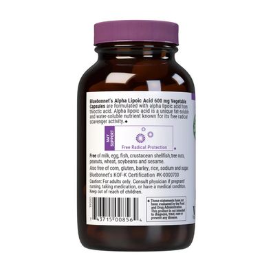 Bluebonnet, Kosher ALPHA LIPOIC ACID 600 mg, For Radical Protection - 60 Vegetarian Capsules