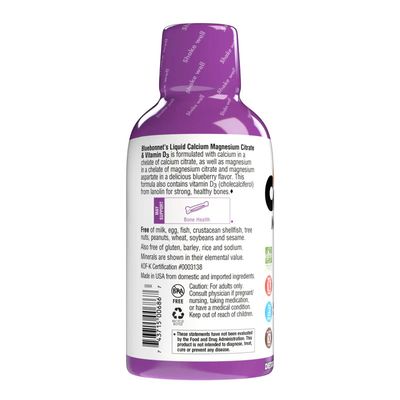 Bluebonnet, Kosher Calcium Magnesium Citrate Plus Vitamin D3, Blueberry Flavor, Liquid - 16 fl. oz. (472 mL)