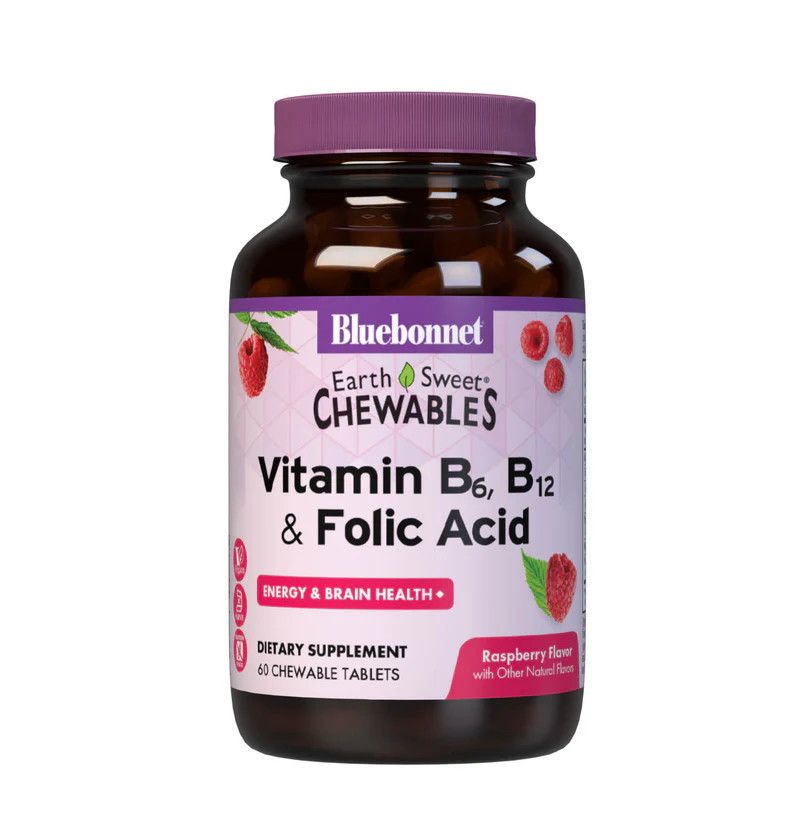 Bluebonnet, Kosher Earth Sweet B6, B12 + Folic Acid, Energy &amp; Brain Health, Raspberry Flavor - 60 Chewable Tablets