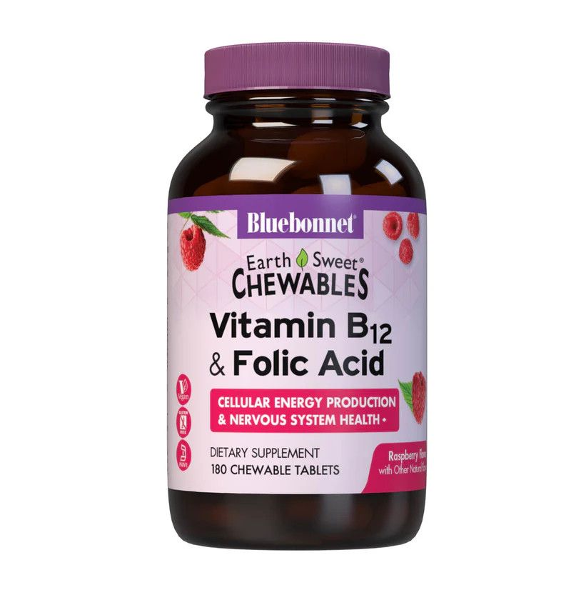 Bluebonnet, Kosher Earth Sweet B12 + Folic Acid, Cellular Energy Production &amp; Nervous System Health, Raspberry Flavor - 180 Chewable Tablets