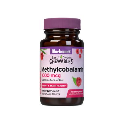 Bluebonnet, Kosher Earth Sweet METHYLCOBALAMIN 1000 mcg, Coenzyme Form Of Vitamin B12, For Energy &amp; Brain Health, Raspberry Flavor, Chewable - 60 Nuggets