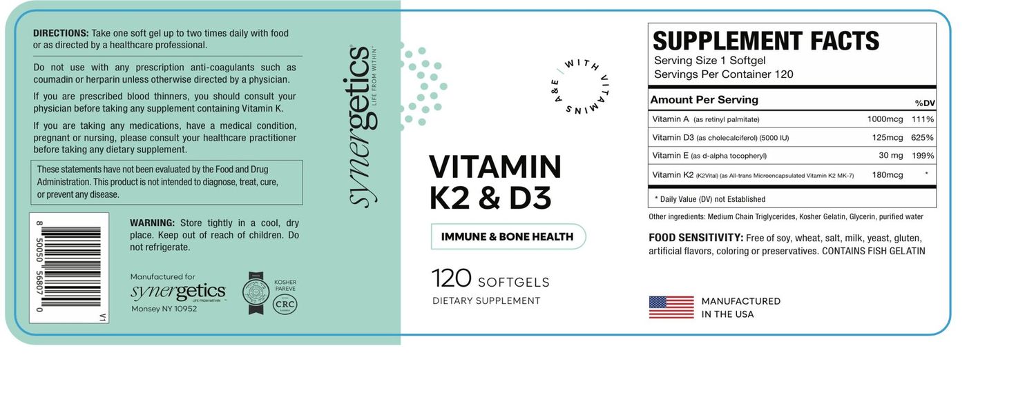 Synergetics, Kosher VITAMIN K2 &amp; D3 (Vitamin K2 180mcg, Vitamin D3 5000IU, w/ Vitamin A 1000mcg &amp; Vitamin E 30mg), For Immune &amp; Bone Health - 120 Softgels