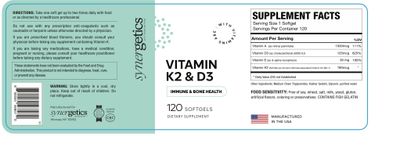 Synergetics, Kosher VITAMIN K2 &amp; D3 (Vitamin K2 180mcg, Vitamin D3 5000IU, w/ Vitamin A 1000mcg &amp; Vitamin E 30mg), For Immune &amp; Bone Health - 120 Softgels