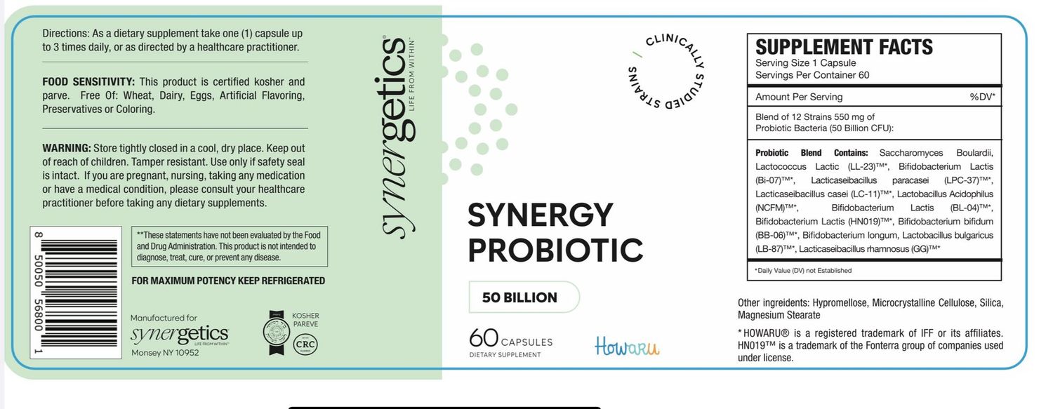 Synergetics, Kosher SYNERGY PROBIOTIC 50 Billion CFU - 60 Vegetarian Capsules