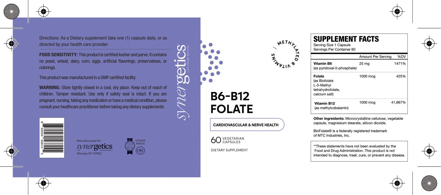 Synergetics, Kosher B6-B12 FOLATE (Vitamin B6 25mg, Vitamin B12 1000mcg w/ Folate 1000mcg), For Cardiovascular Nerve Health - 60 Vegetarian Capsules