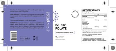Synergetics, Kosher B6-B12 FOLATE (Vitamin B6 25mg, Vitamin B12 1000mcg w/ Folate 1000mcg), For Cardiovascular Nerve Health - 60 Vegetarian Capsules