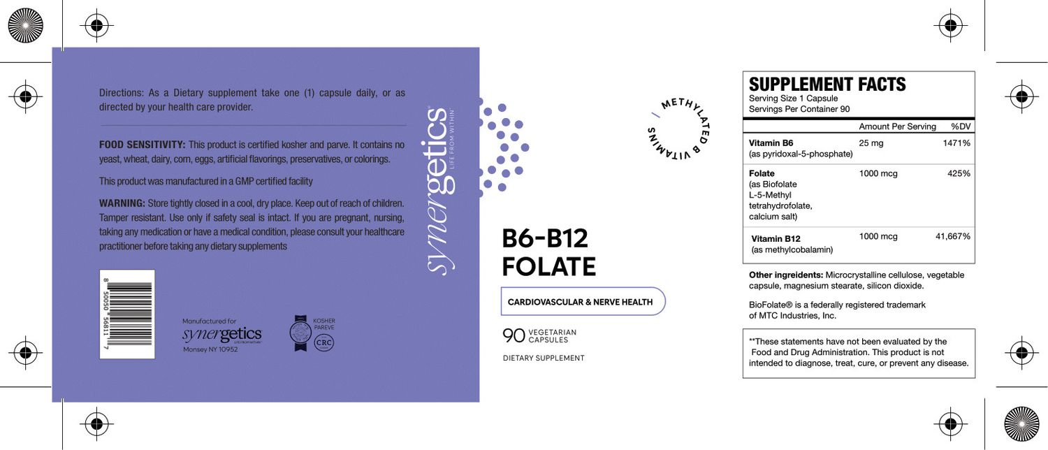 Synergetics, Kosher B6-B12 Folate (Vitamin B6 25mg, Vitamin B12 1000mcg w/ Folate 1000mcg) For Cardiovascular Nerve Health -90 Vegetarian Capsules