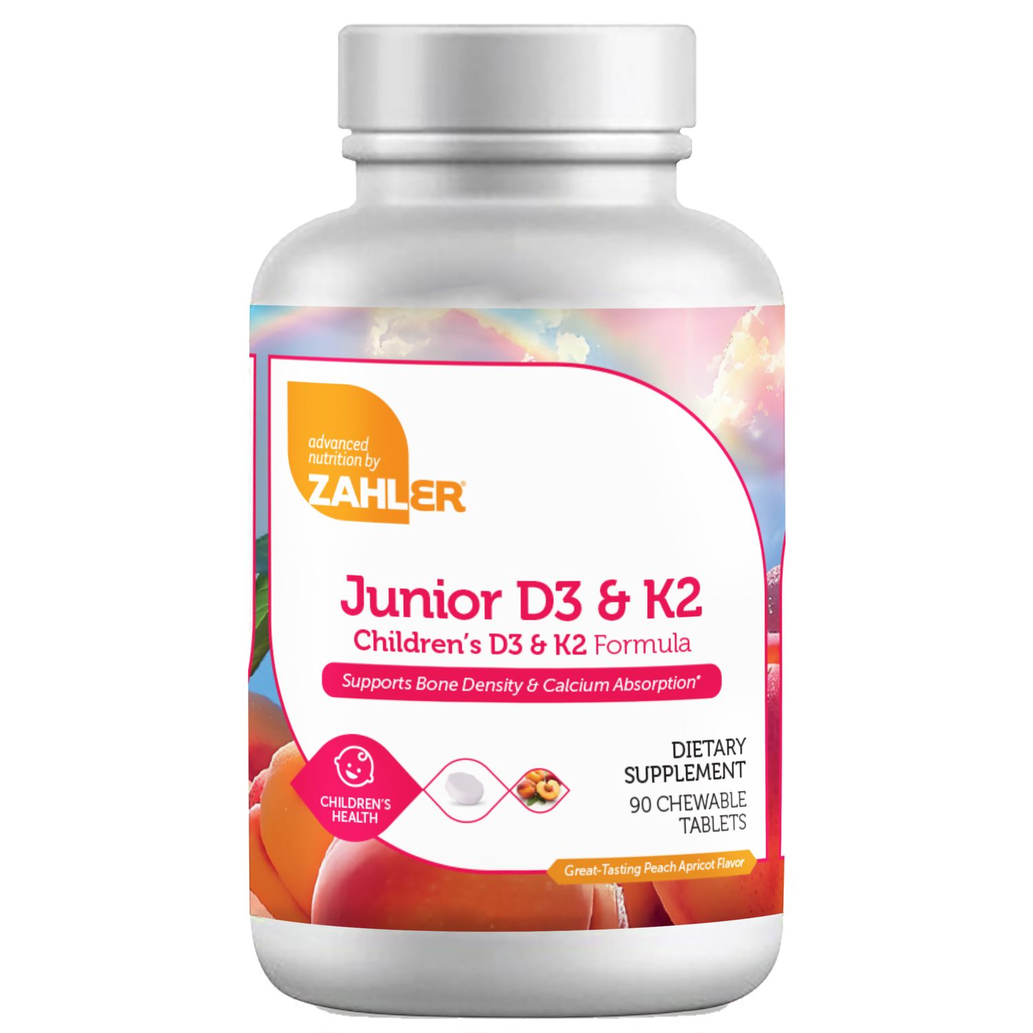 Zahlers, Kosher Junior D3 &amp; K2 Peach Apricot Flavor (Vitamin) - 90 Chewable Tablets