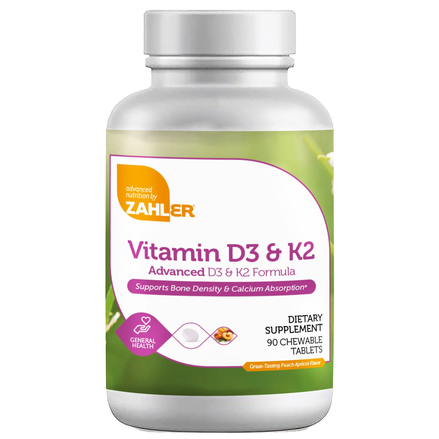 Zahlers, Kosher Vitamin D3 &amp; K2 Peach Apricot Flavor - 90 Chewable Tablets