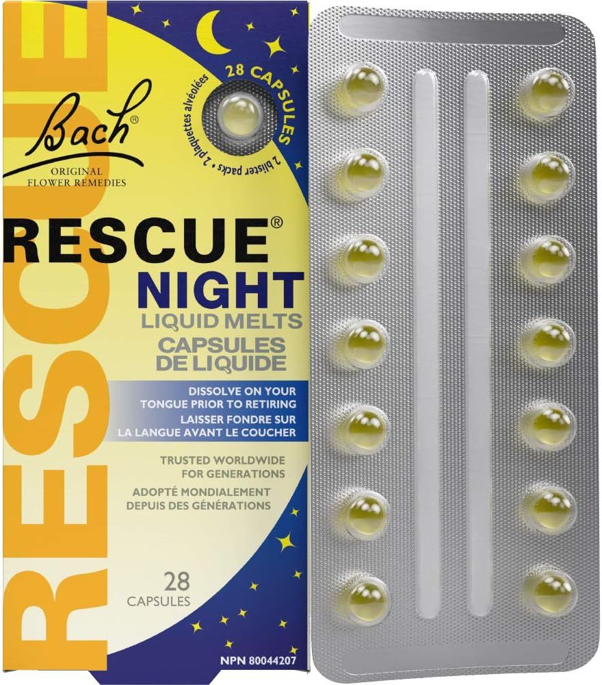 Bach, RESCUE NIGHT, Provides Natural Relief From Occasional Sleeplessness Caused By Stress &amp; Repetitive Thoughts, Oral Liquid Melts - 28 Soft Gels