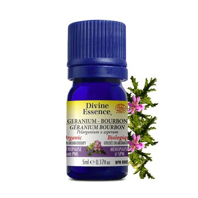 Divine Essence, GERANIUM-BOURBON Organic, Relieves Premenstrual Tension (PMS) &amp; Menopausal Symptoms, Essential Oil - 5 mL