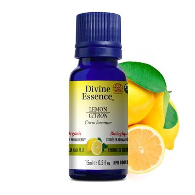 Divine Essence, LEMON Organic, Relieves Symptoms Of Cold &amp; Flu, Essential Oil - 15 mL