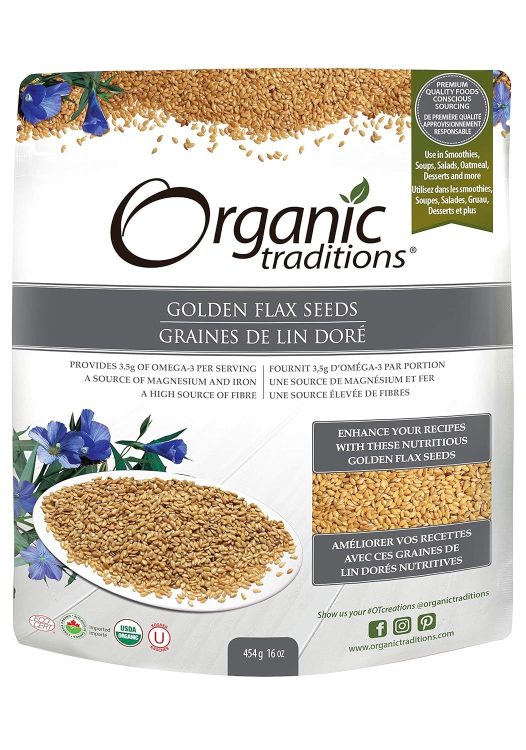 Organic Traditions, Golden Flax Seeds (Flaxseeds) - 454 g (16 oz)