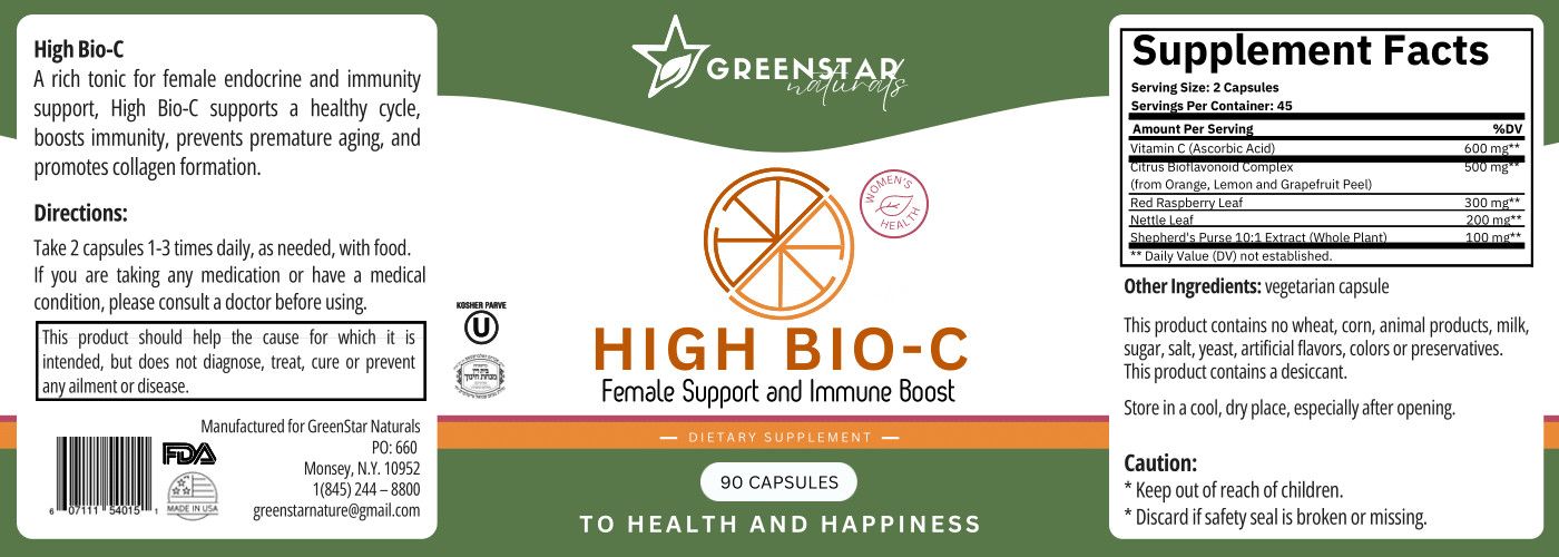 GREENstar Naturals, HIGH BIO-C For Female Support &amp; Immune Boost, With Vitamin C, Bioflavonoids &amp; Red Raspberry Leaf - 90 Vegetarian Capsules