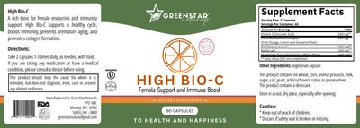 GREENstar Naturals, HIGH BIO-C For Female Support &amp; Immune Boost, With Vitamin C, Bioflavonoids &amp; Red Raspberry Leaf - 90 Vegetarian Capsules