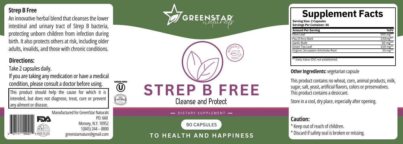 GREENstar Naturals, Kosher STREP B FREE To Cleanse &amp; Protect, Cleanses The Lower Intestinal &amp; Urinary Tract Of Strep B Bacteria - 90 Vegetarian Capsules
