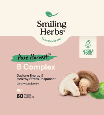 Smiling Herbs, Pure Harvest, Kosher B COMPLEX, Daylong Energy &amp; Healthy Stress Response - 60 Vegetarian Capsules
