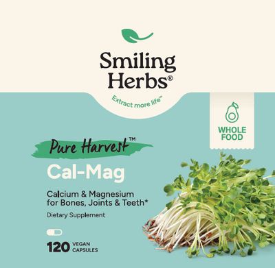 Smiling Herbs, Pure Harvest, Kosher CAL-MAG, Calcium &amp; Magnesium for Bones + Joints &amp; Teeth - 120 Vegetarian Capsules