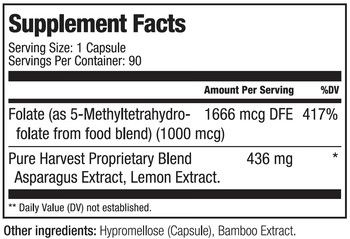 Smiling Herbs, Pure Harvest, Kosher METHYL FOLATE 1mg, (Methylated Folic Acid) Heart + Mood &amp; Nerve Health - 90 Vegetarian Capsules