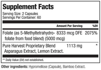 Smiling Herbs, Pure Harvest, Kosher METHYL FOLATE 5mg, (Methylated Folic Acid) Heart + Mood &amp; Nerve Health - 120 Vegetarian Capsules