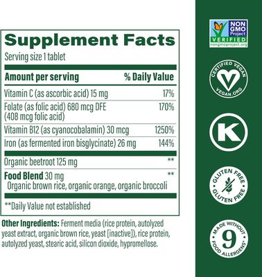 MegaFood USA, Kosher Fermented IRON BLOOD BUILDER, Clinically Shown To Increase Iron Levels Without Side Effects - 90 Tablets