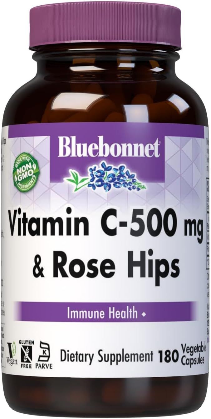 Bluebonnet, Kosher VITAMIN C-500 mg &amp; Rose Hips, For Immune Health - 180 Vegetarian Capsules