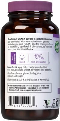 Bluebonnet, Kosher GABA 500 mg, For Mood &amp; Relaxation - 120 Vegetarian Capsules