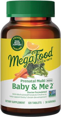 MegaFood USA, Kosher BABY &amp; ME 2, Supports Baby&#39;s Brain Development, Prenatal Multi MINI&#39;S - 120 Tablets
