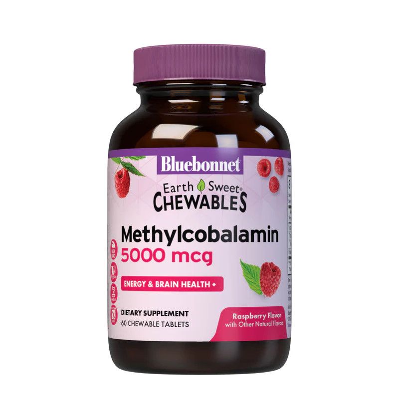 Bluebonnet, Kosher Earth Sweet METHYLCOBALAMIN 5000 mcg, For Energy &amp; Brain Health, Raspberry Flavor, Chewable - 60 Nuggets