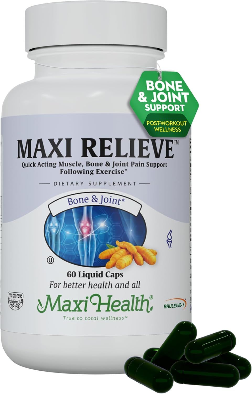 Maxi Health, Kosher Maxi Relieve, Quick Acting Muscle, Bone &amp; Joint Pain Support - 60 Liquid Capsules