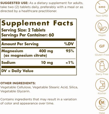 Solgar, Kosher Magnesium Citrate 210mg - 120 Tablets