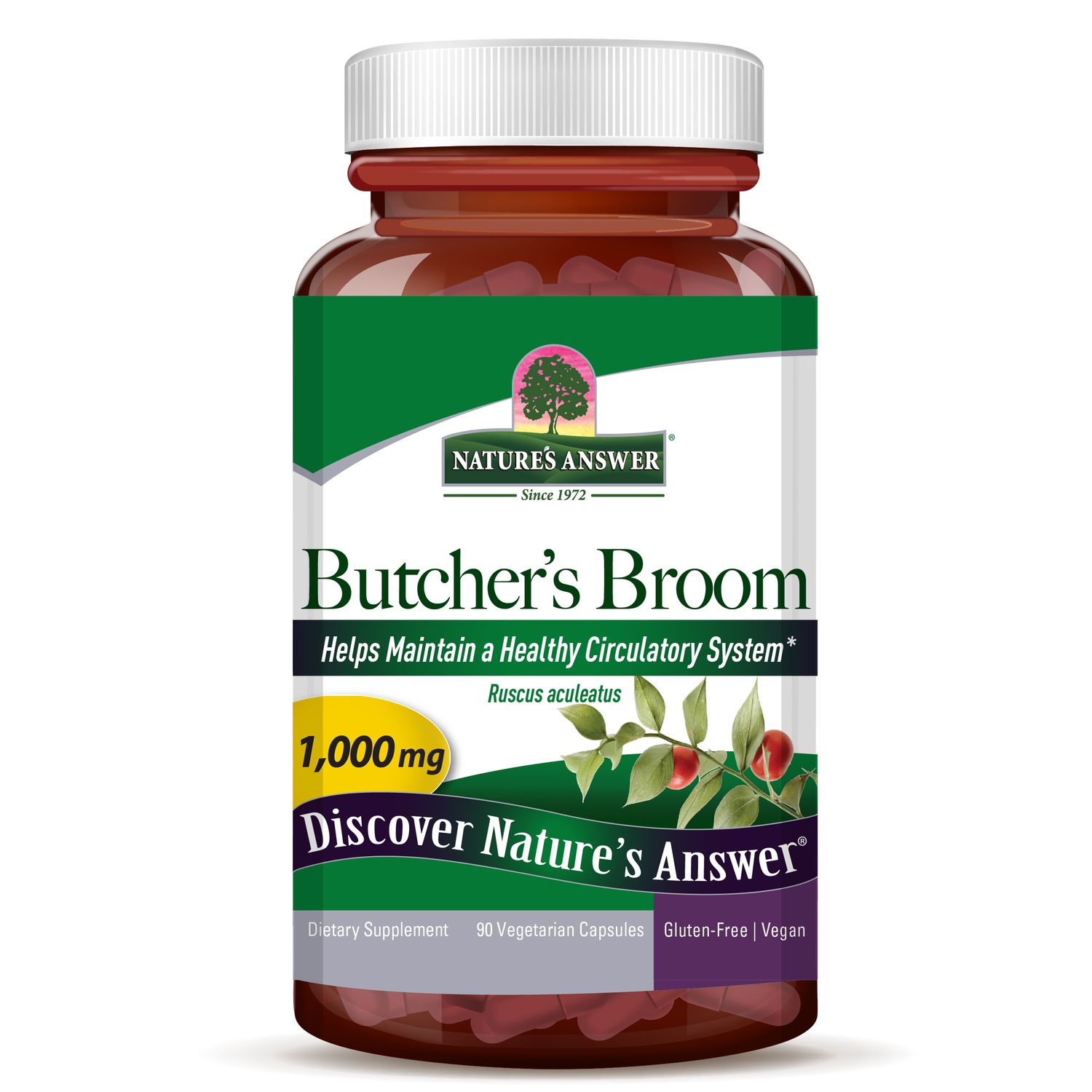 Natures Answer, Kosher Butcher’s Broom Root 1000mg, Helps Maintain A Healthy Ciculatory System - 90 Vegetarian Capsules