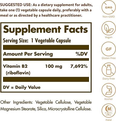 Solgar, Kosher VITAMIN B2 RIBOFLAVIN 100mg, Supports &amp; Promotes Energy Metabolism In The Body - 100 Vegetarian Capsules