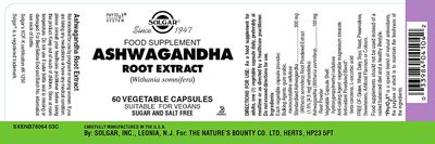 Solgar, Kosher ASHWAGANDHA ROOT EXTRACT 400mg, Standardized + Full Potency - 60 Vegetarian Capsules